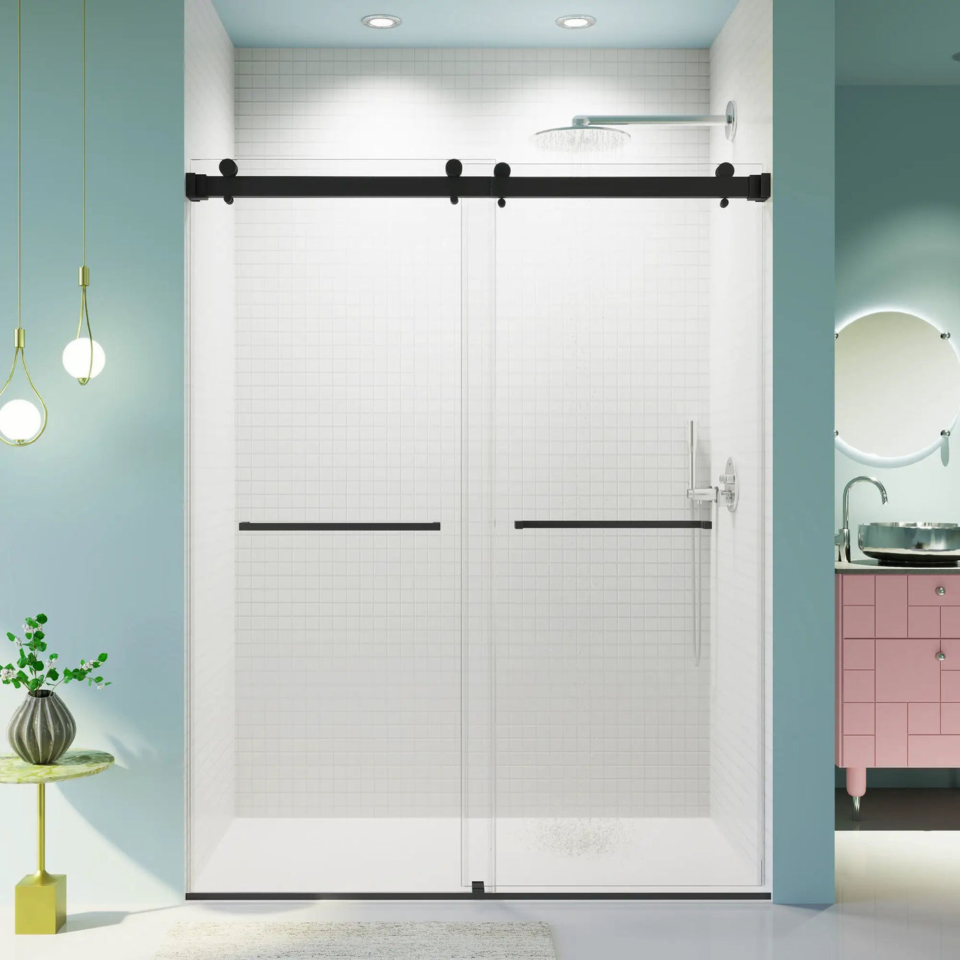 Frameless Double Sliding Shower Door In, Thick Tempered Glass, Reversible Installation by HouseOfZazla