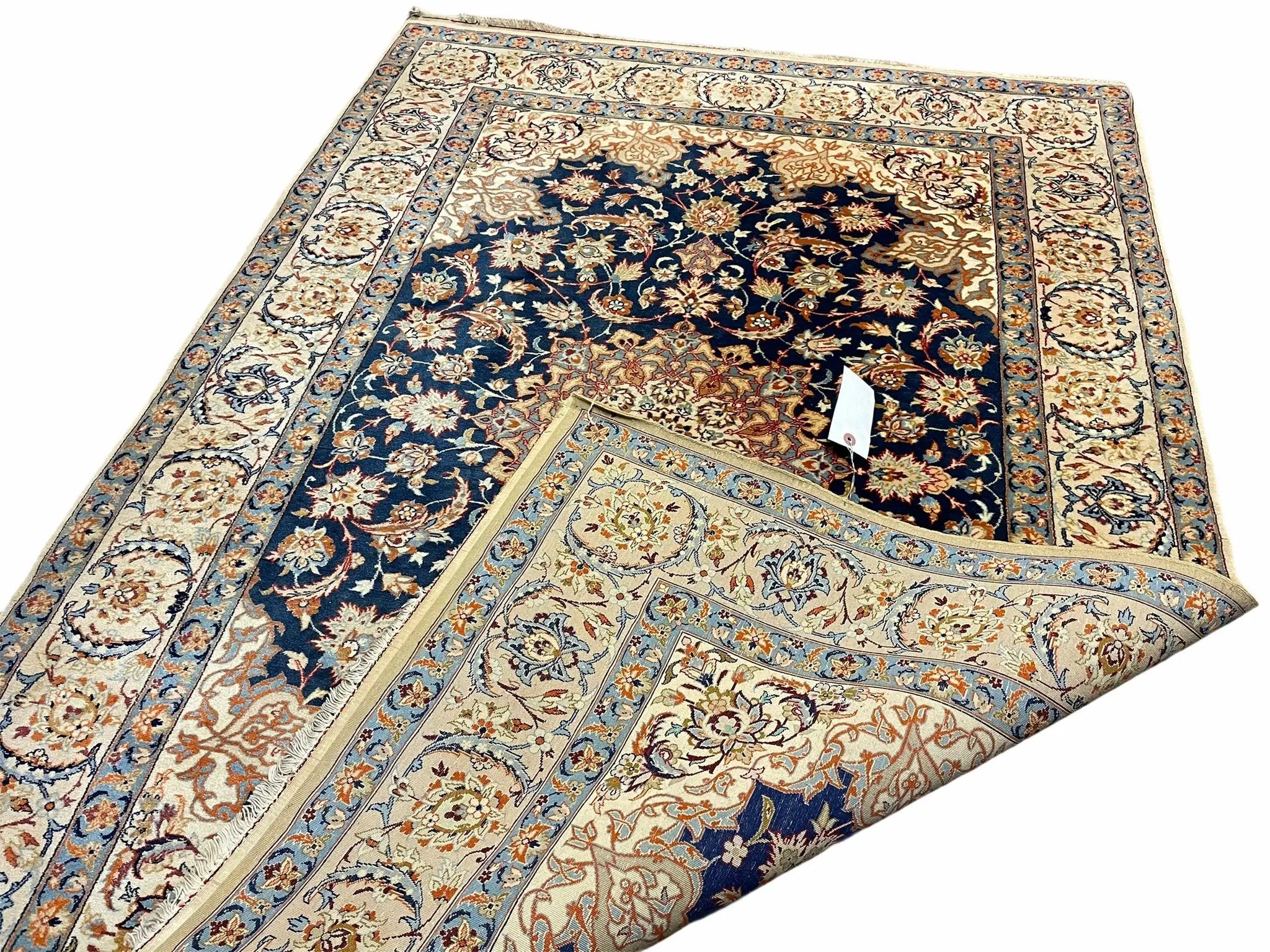 Persian Isfahan Rug 4x5, Navy Blue & Ivory, Wool and Silk Highlights by Jewel Rugs