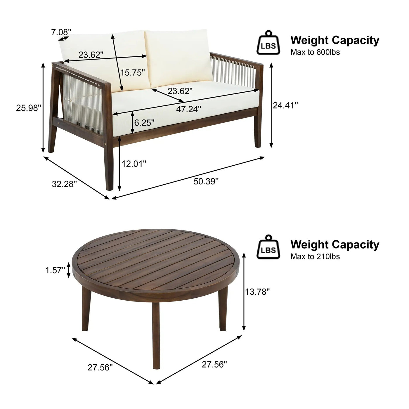 Outdoor Loveseat and Coffee Table Set, Acacia Wood Frame with Rope Detail by HouseOfZazla