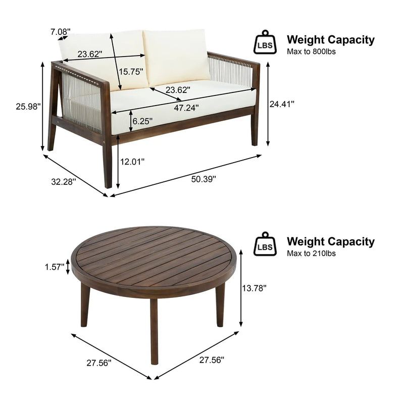 Outdoor Loveseat and Coffee Table Set, Acacia Wood Frame with Rope Detail by HouseOfZazla