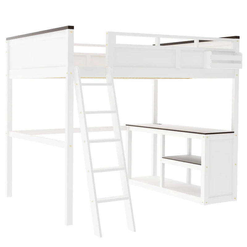 Queen Size Loft Bed With Desk, Open Shelf, Storage Box And USB Charging Station - White by Unique Piece Furniture