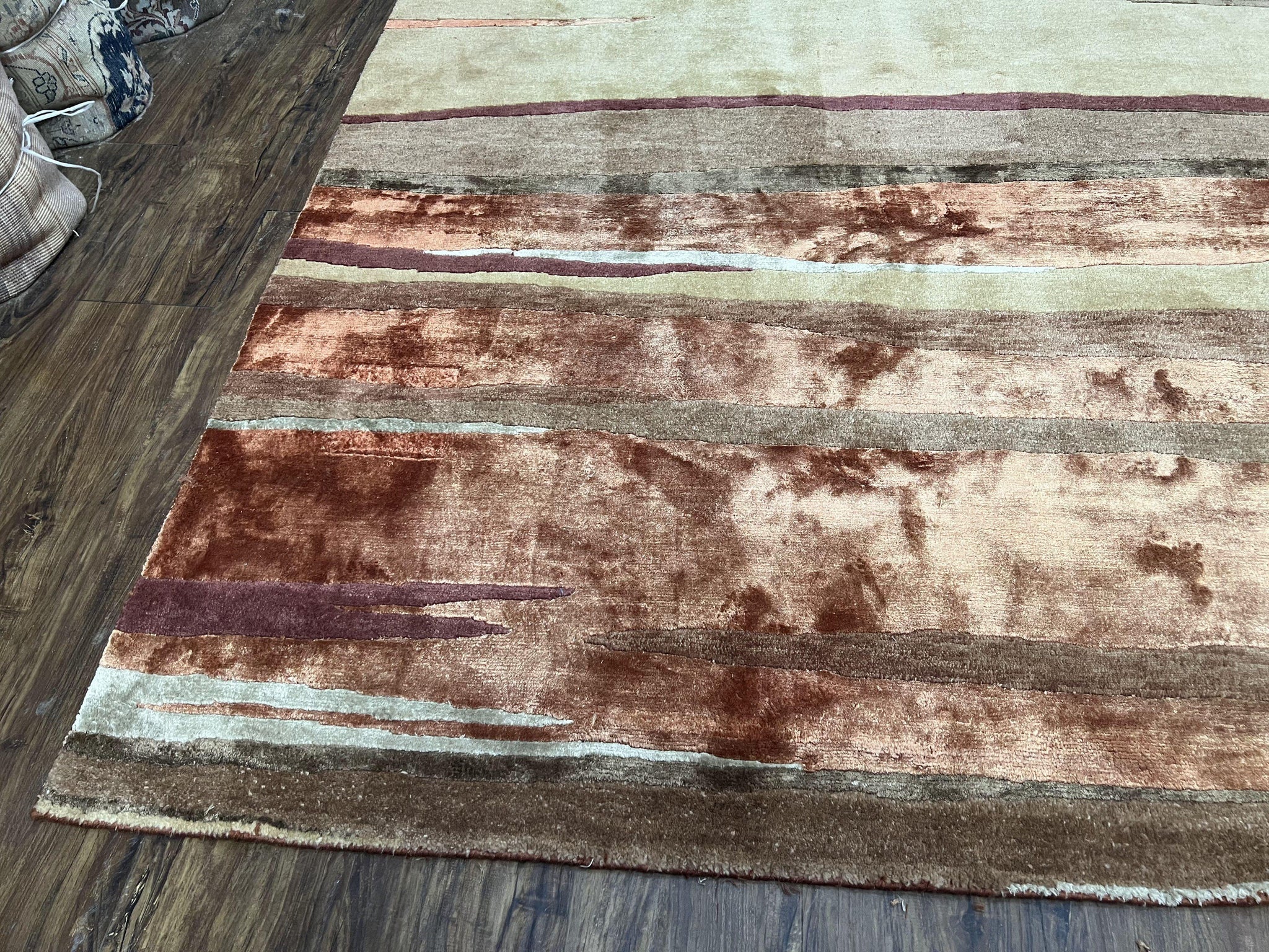 Modern Tibetan Rug 8x11 Nepali Carpet, Shiny Velvely Soft Wool and Silk, Contemporary Hand Knotted Rug, Striped Design, Wool Area Rug 8 x 11 by Jewel Rugs