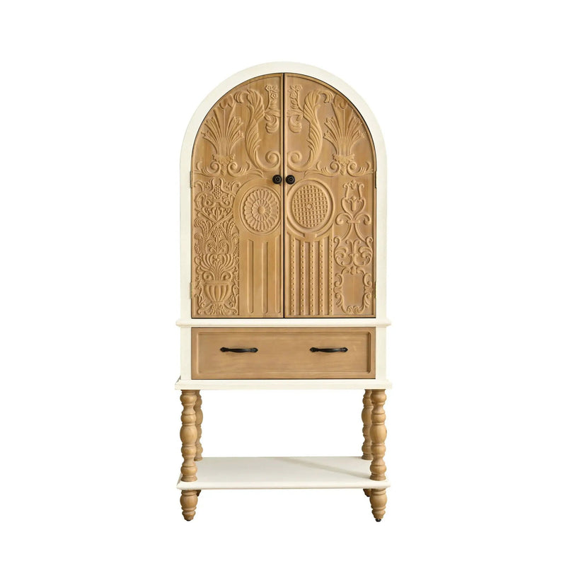 Arched Flower Carved Door Accent Sideboard Cabinet With 1 Drawer And Shelf, Cabinet For Kitchen - Natural / White by Unique Piece Furniture