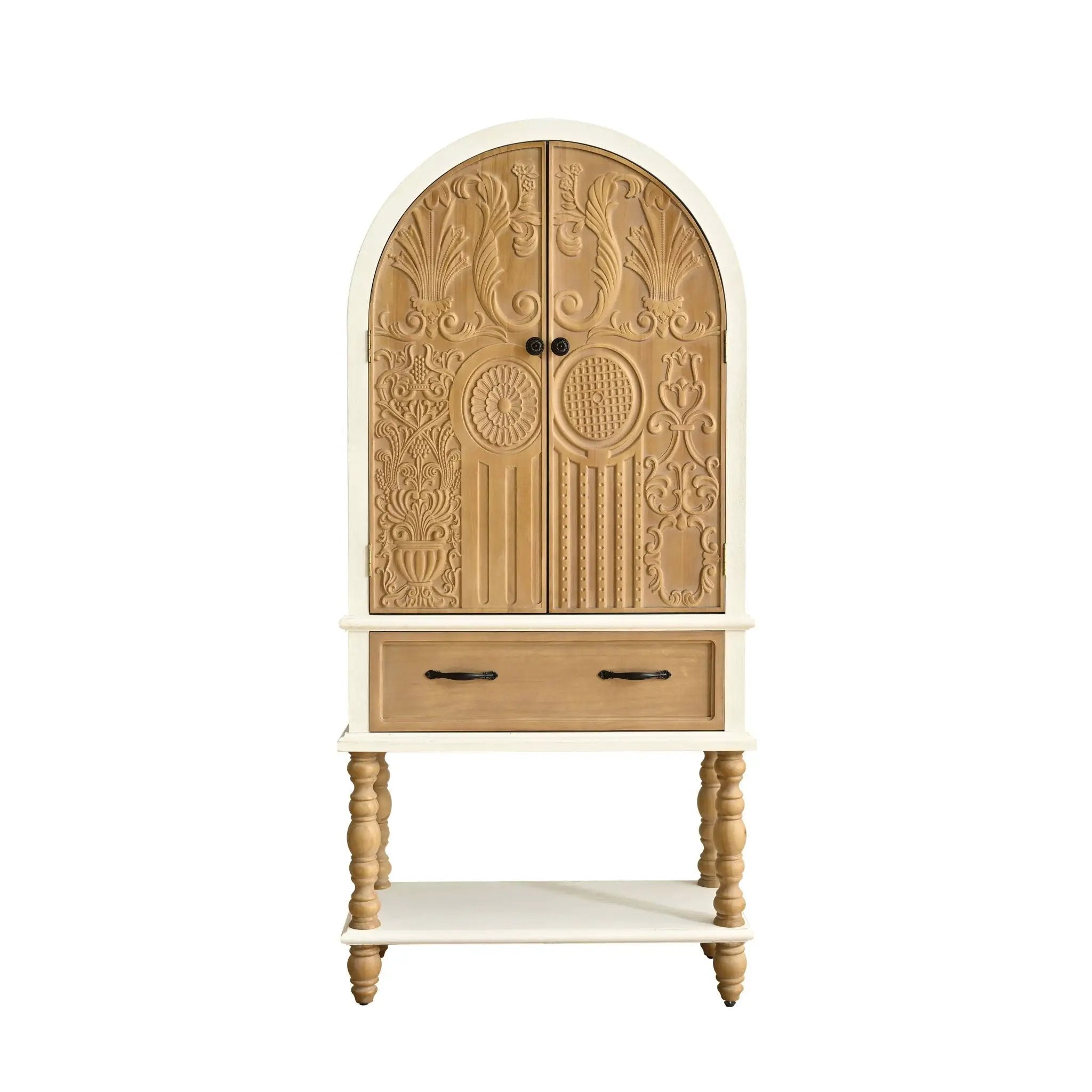 Arched Flower Carved Door Accent Sideboard Cabinet With 1 Drawer And Shelf, Cabinet For Kitchen - Natural / White by HouseOfZazla