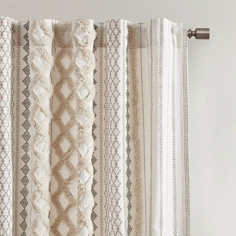 Cotton Printed Curtain Panel with Chenille Stripe and Lining Ivory 50x84 by HouseOfZazla
