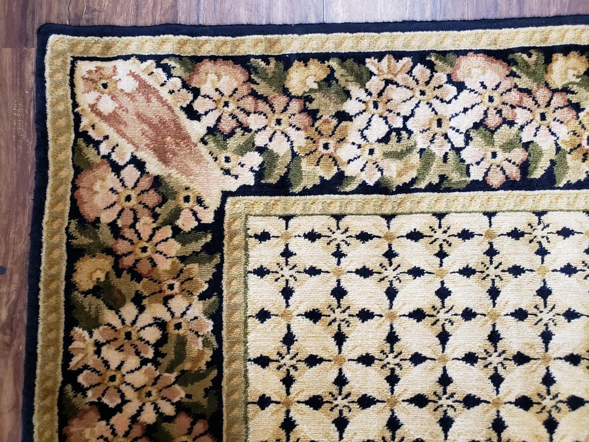 Indian Rug with Tibetan Weave, 6x8 - 6x9 Rugs, Indo-Tibetan Rug, Black and Cream Beige Tan, Floral Border, Soft Rug, Handmade Area Rug, Wool by Jewel Rugs
