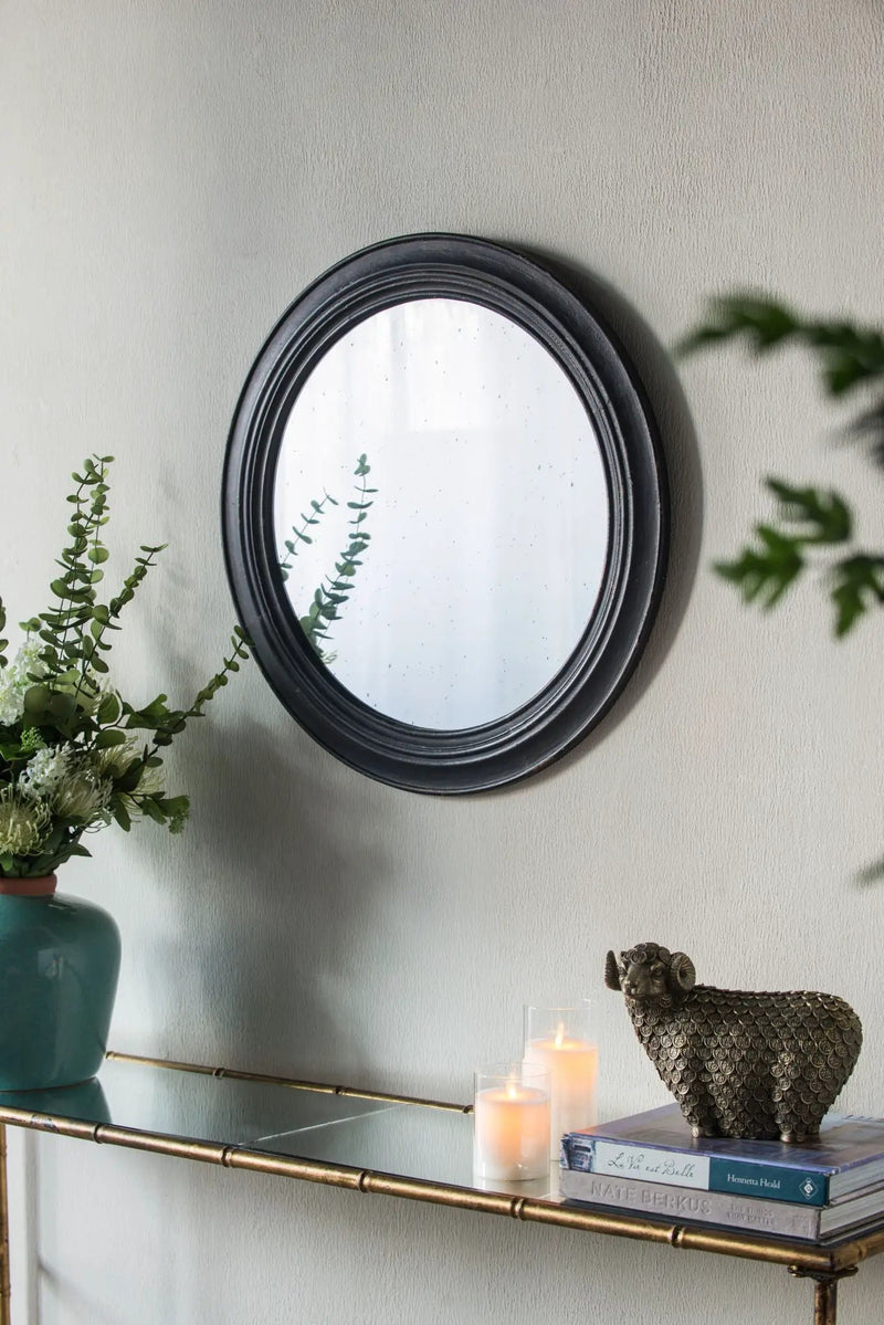 Circle Wall Mirror With Wooden Frame, Antique Classic Accent Mirror, For Living Room - Black by HouseOfZazla