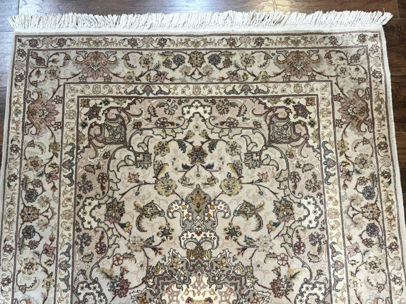 Pak Persian Rug 4x6, Floral Medallion, Beige, Wool and Silk Highlights, Vintage Handmade Rug by Jewel Rugs