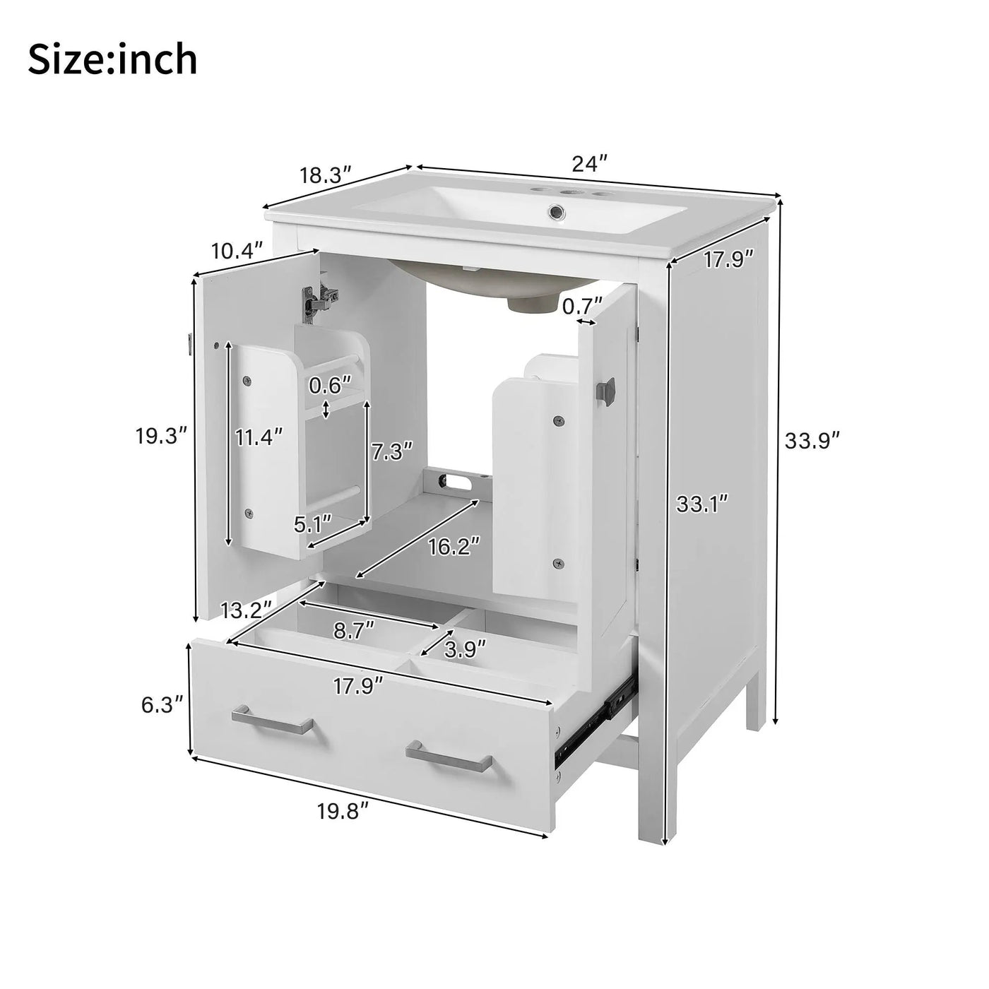 Bathroom Vanity With Integrated Undermount Ceramic Sink, 2 Doors And 1 Drawer, Soft Close Hinges by Unique Piece Furniture