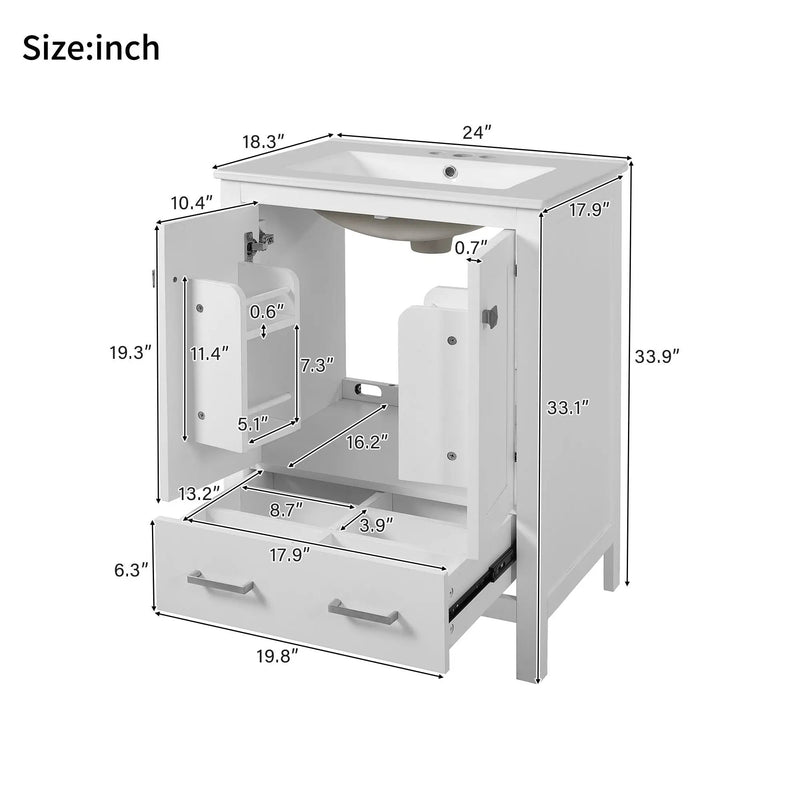 Bathroom Vanity With Integrated Undermount Ceramic Sink, 2 Doors And 1 Drawer, Soft Close Hinges by Unique Piece Furniture