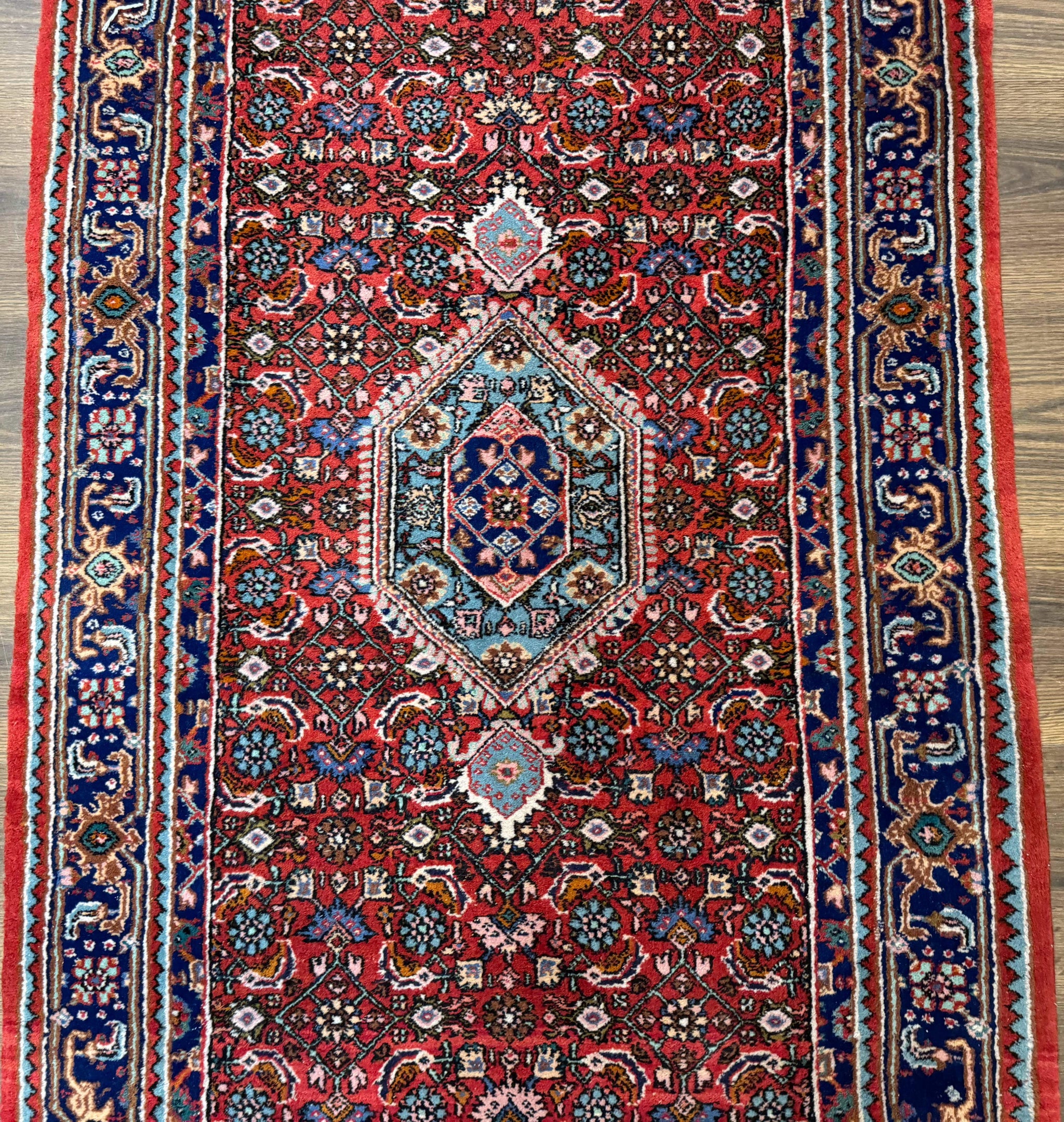 Indo Persian Bidjar Runner Rug 3 x 18.6, Red Navy Blue, Long Runner, Wool Oriental Carpet by Jewel Rugs