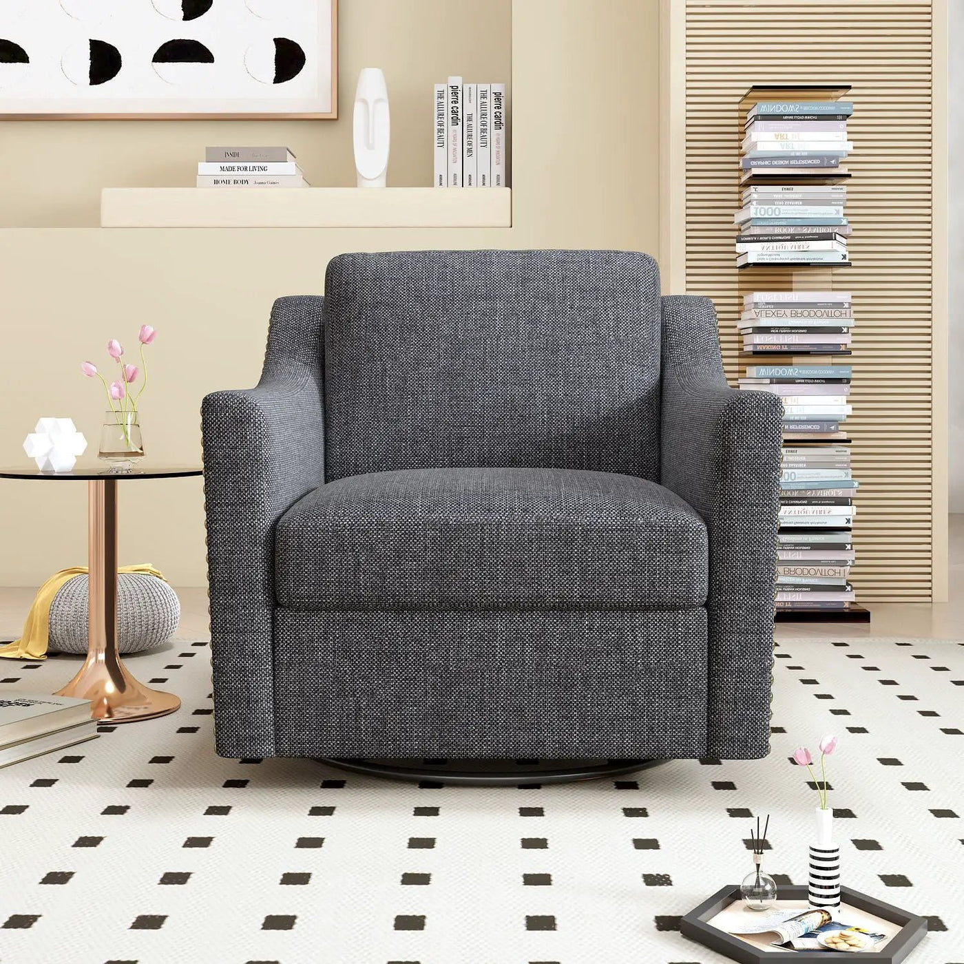 360 Degree Swivel Armchair, Skin Friendly Fabric, Ergonomic Design, Brass Nail Decorative Armchair by Unique Piece Furniture