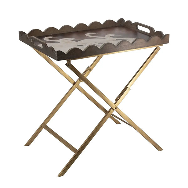 23.5x15.5x24 Brown MDF Tray Table with White Swan Motif and Iron Base