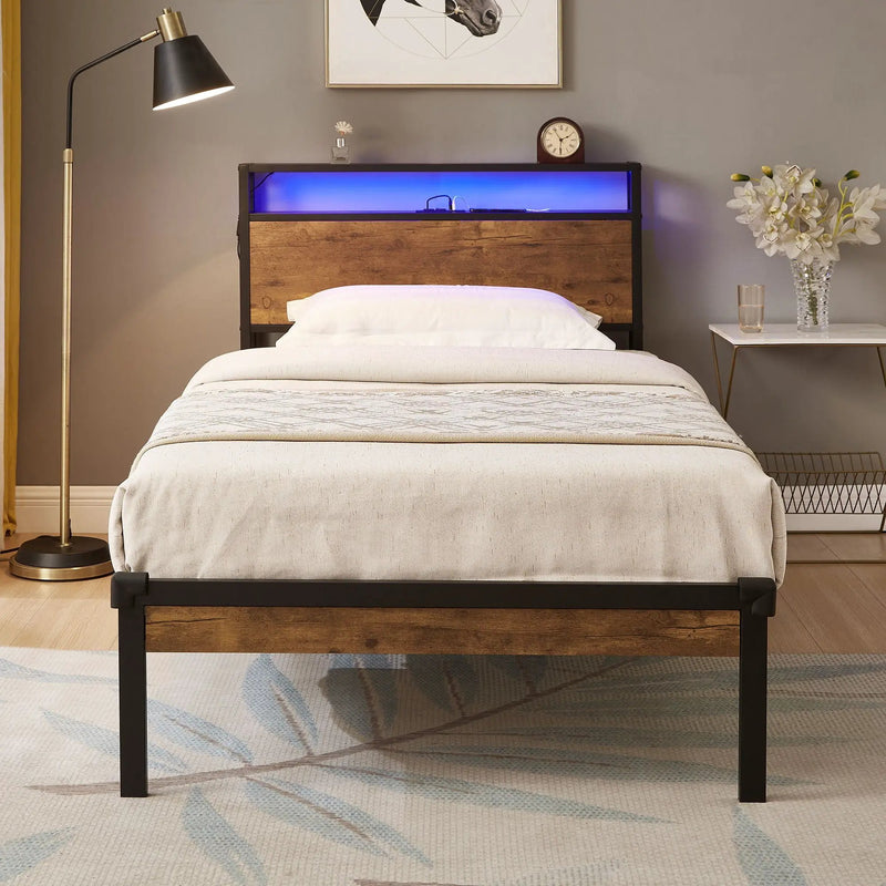 Twin Size Platform Bed Frame, LED Lights With Remote Control, USB Charging Port, Large Under Bed Storage - Black / Brown by Unique Piece Furniture
