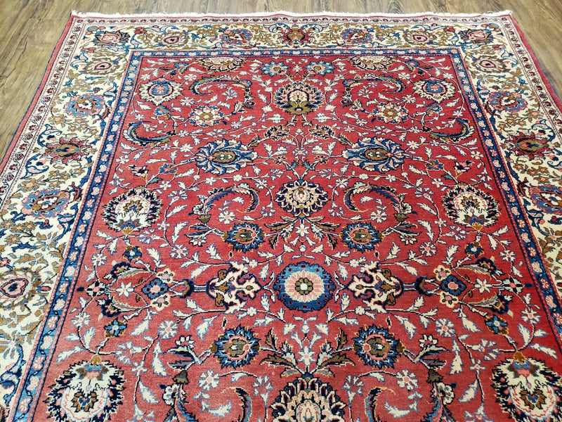 Semi Antique Persian Kashan, Red & Cream, Hand-Knotted, Wool, 4' 8" x 6' 6", Pair A by Jewel Rugs