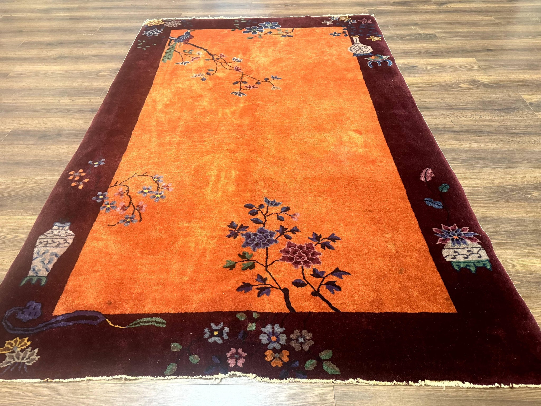 Chinese Art Deco Rug 5x8, Antique Chinese Wool Rug, Nichols Rug, Rare Chinese Carpet, Orange and Purple-Maroon by Jewel Rugs
