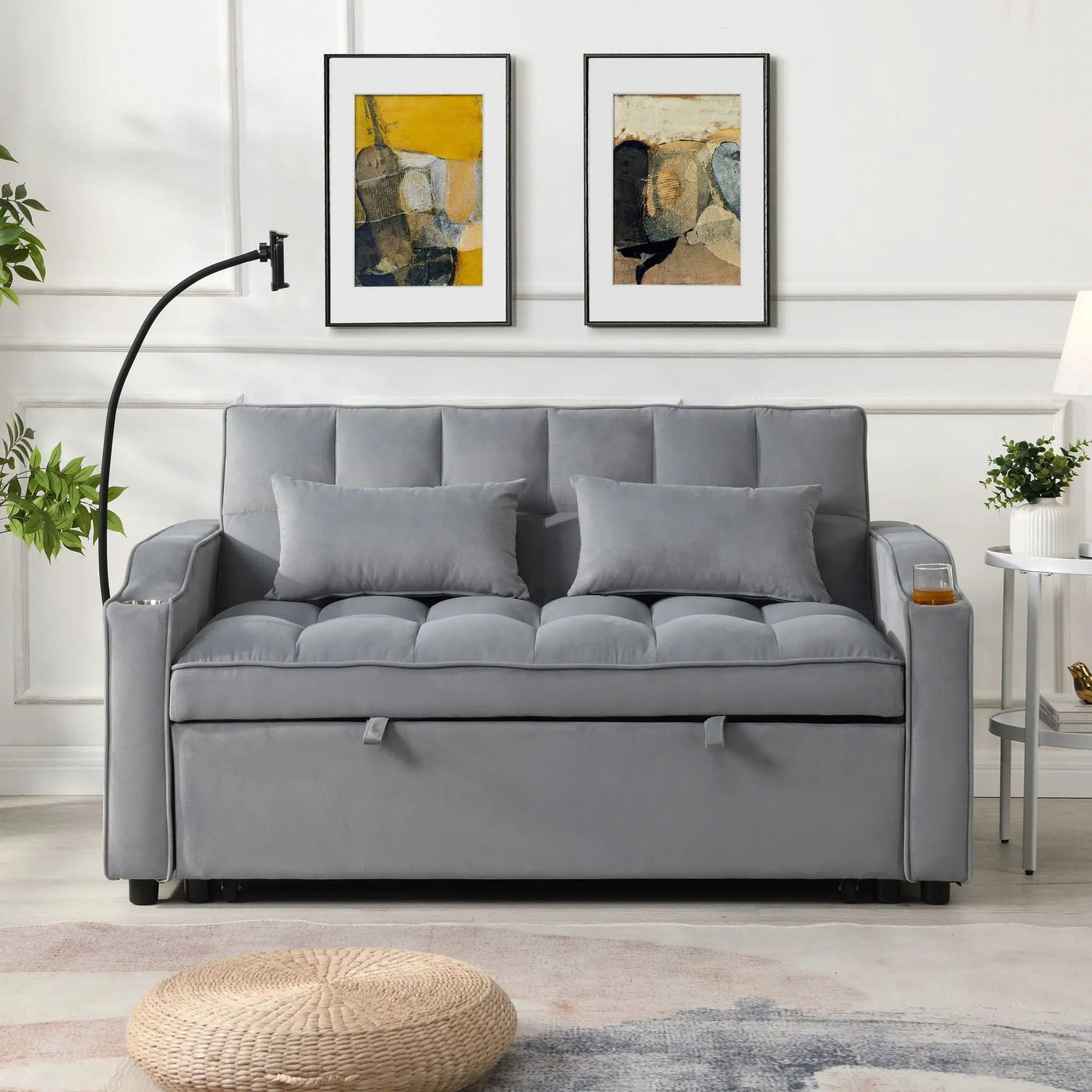 Modern Loveseat Futon Sofa With Pullout Bed, Adjustable Reclining Backrest, Toss Pillows by Unique Piece Furniture