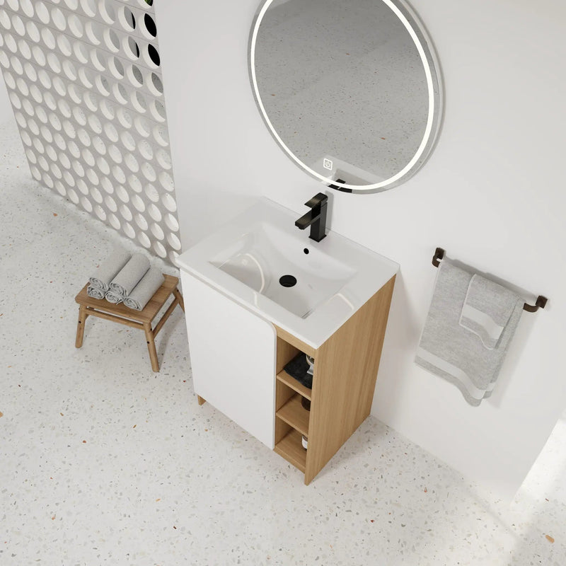 Freestanding Bathroom Vanity With Thin Rim Sink, Single Door With 4 Tier Open Shelves - Light Oak / White by Unique Piece Furniture