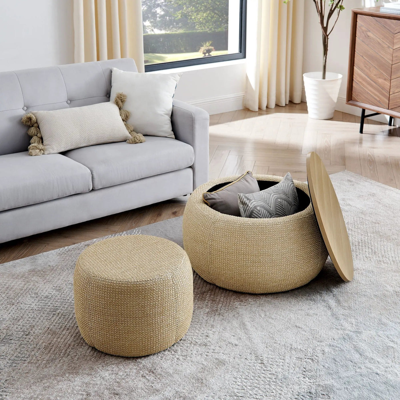 Round Storage Ottoman, 2 In 1 Function, End Table And Ottoman by Unique Piece Furniture