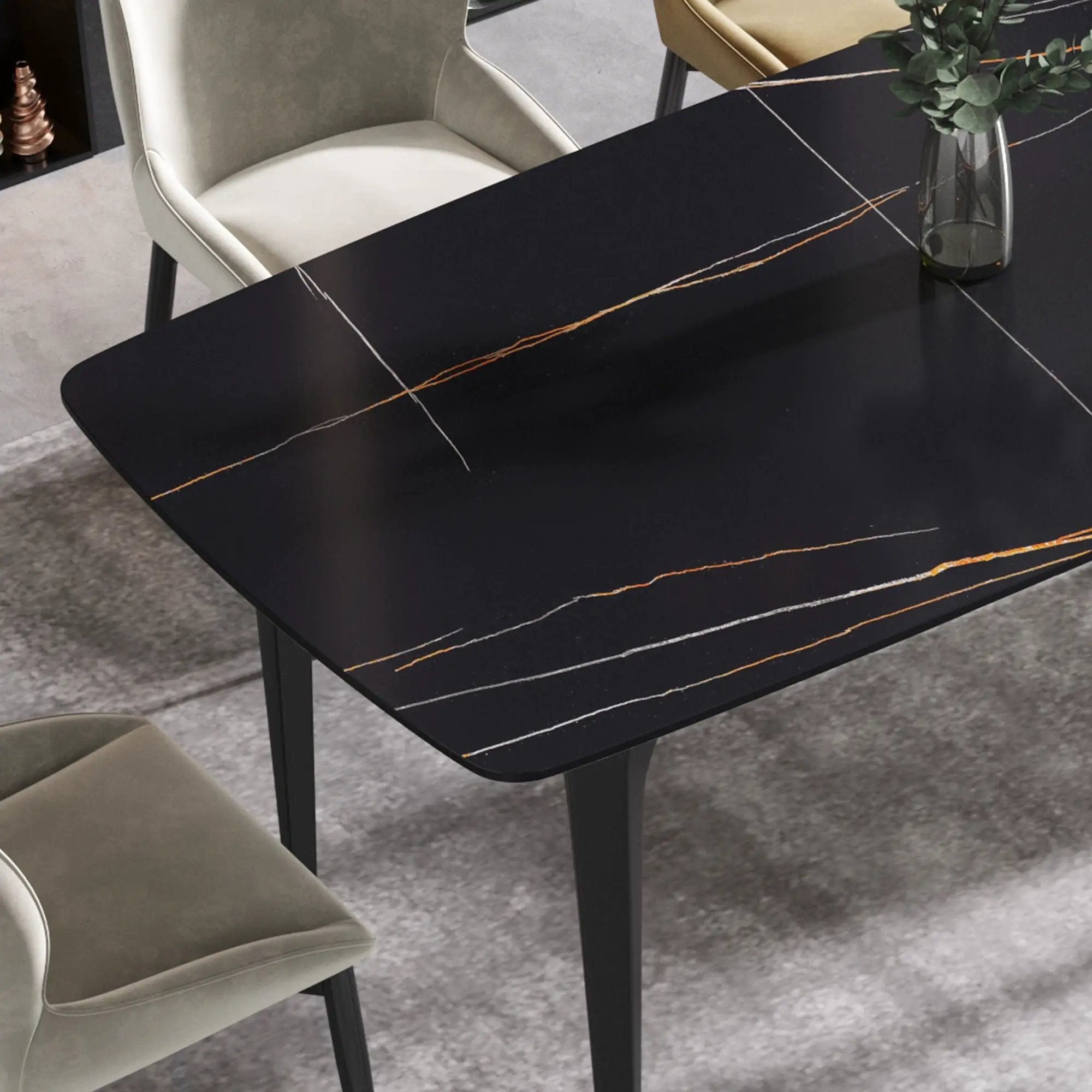 63" Artificial Stone Black Curved Black Metal Leg Dining Table, 6 People - Black by Unique Piece Furniture