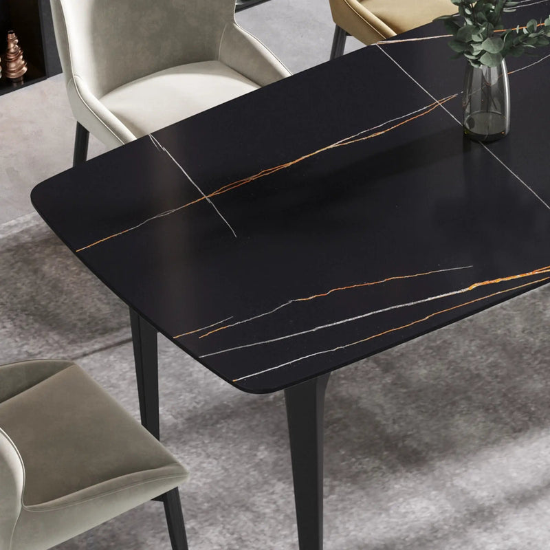 63" Artificial Stone Black Curved Black Metal Leg Dining Table, 6 People - Black by Unique Piece Furniture