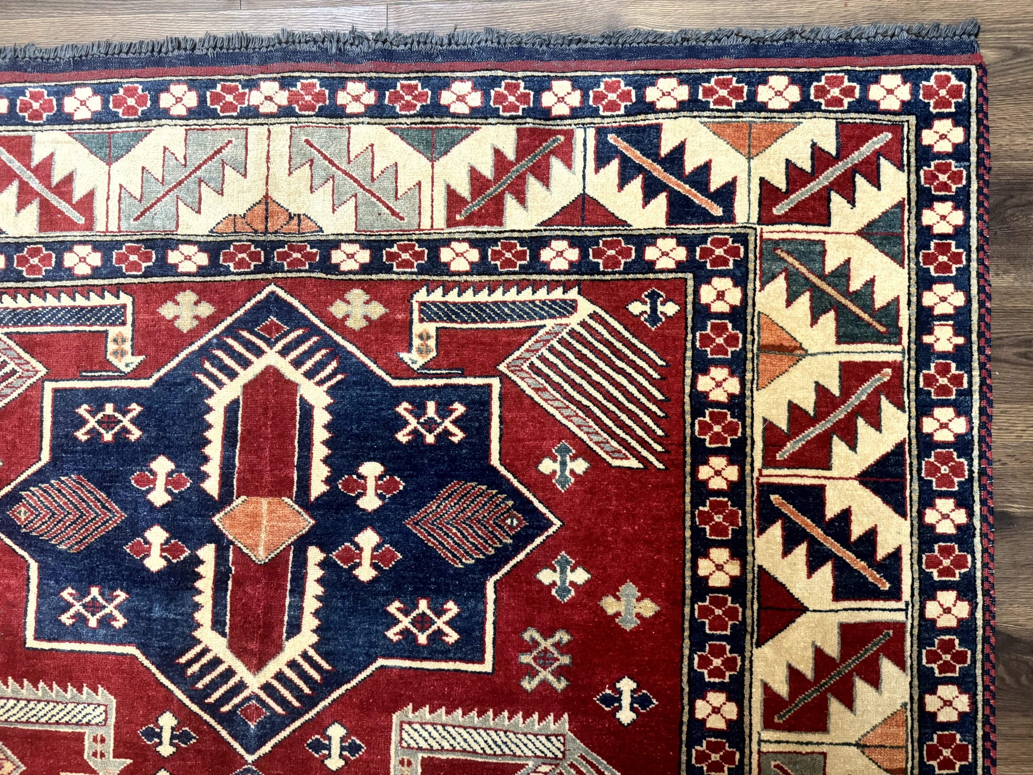 Turkish Kazak Rug 6x8, Caucasian Design, Geometric Medallions, Red Blue Beige by Jewel Rugs