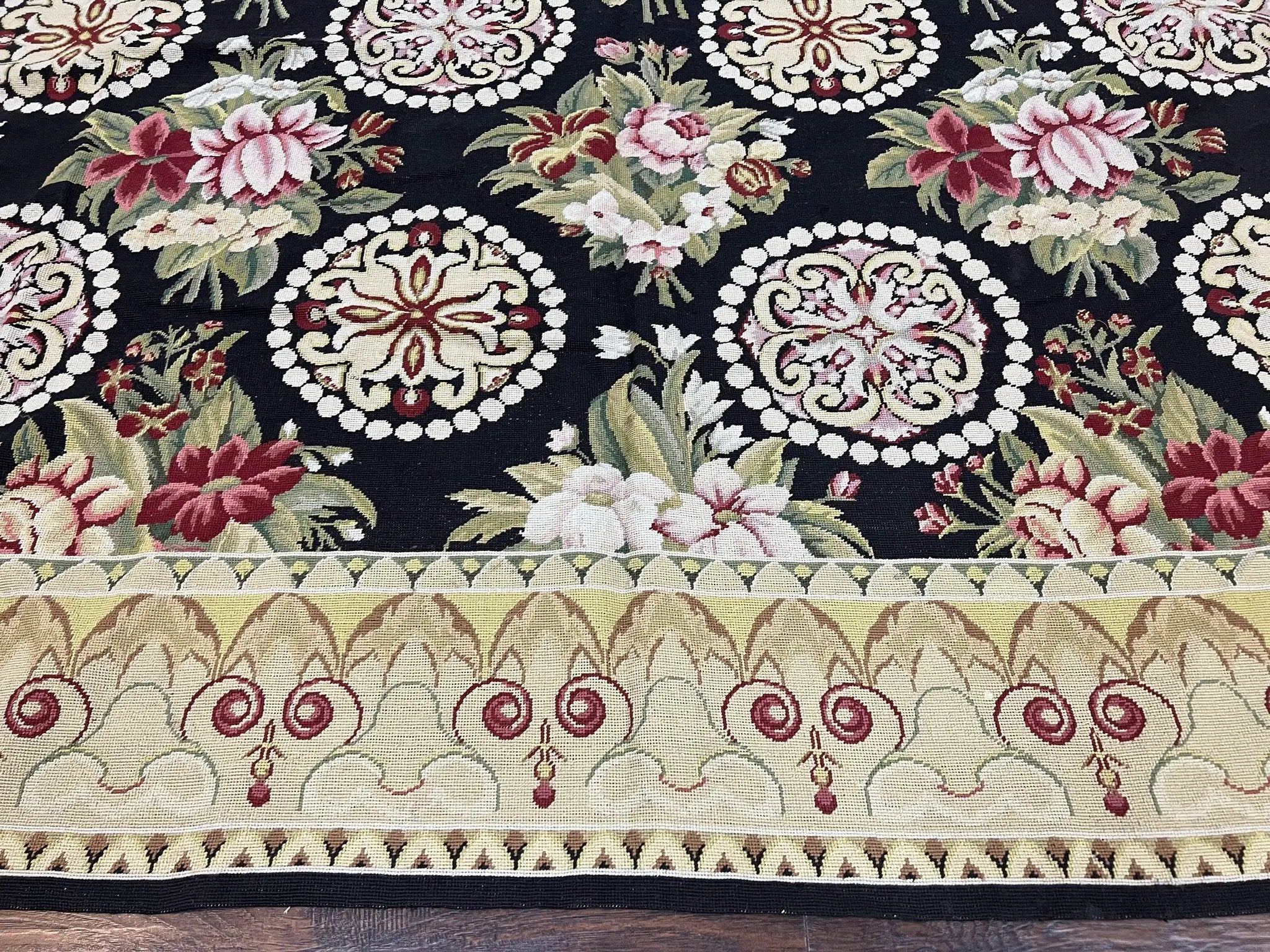9x12 Black Needlepoint Rug, European Floral Panel Design, Handwoven, Vintage Chinese Needlepoint, Black Green Beige, Wool Rug 9 x 12 by Jewel Rugs