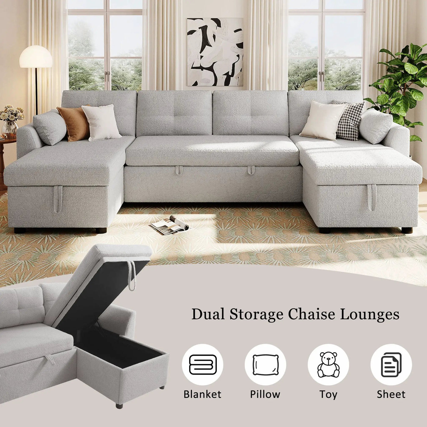 U-Shaped Sectional Sofa Bed With Storage And USB Ports by Unique Piece Furniture