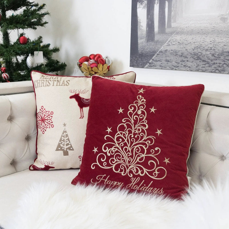 Red Velvet Holiday Pillow with Gold Embroidery by HouseOfZazla