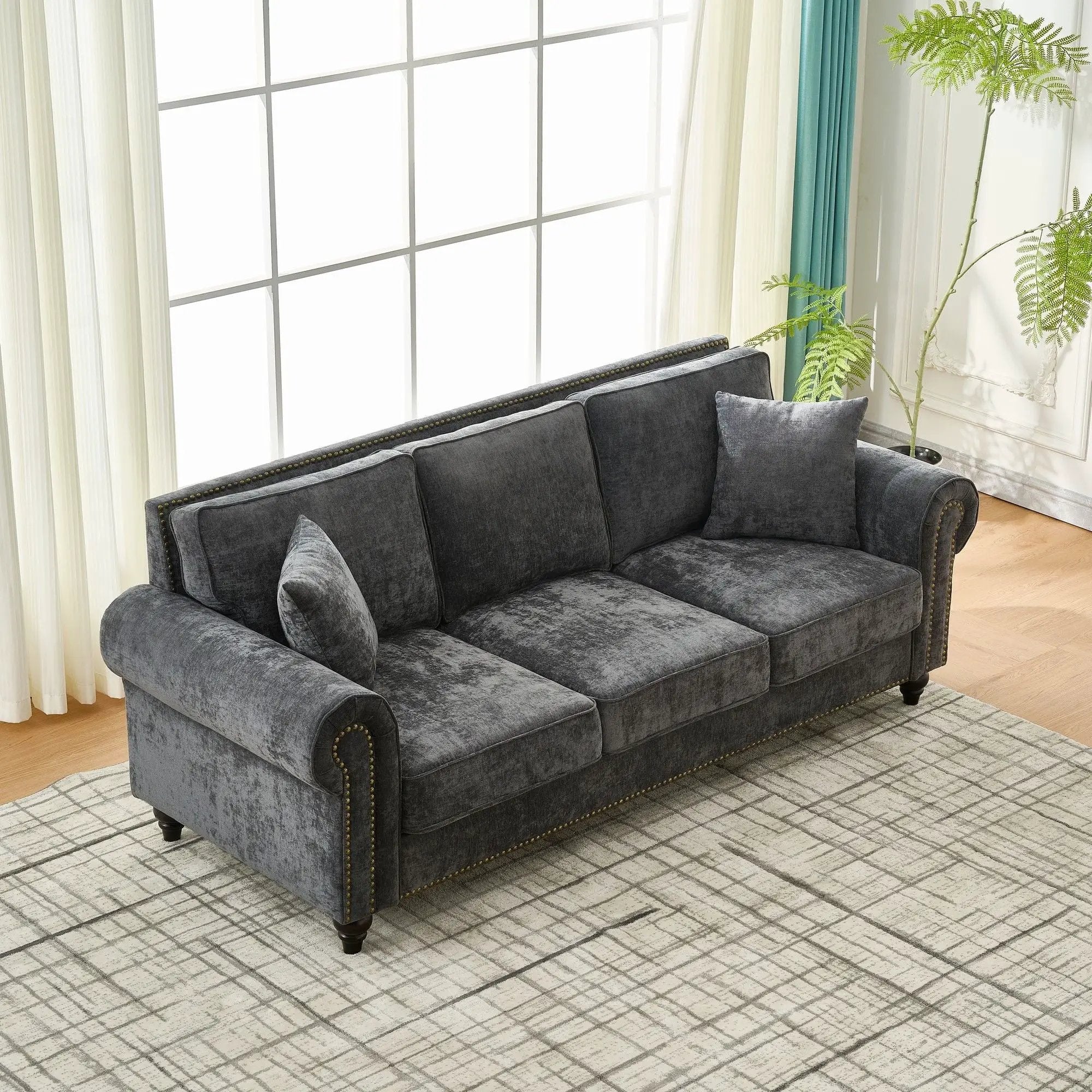 3 Seater Sofa With Tufted Upholstery, Rolled Arms, Nailhead Trim by HouseOfZazla