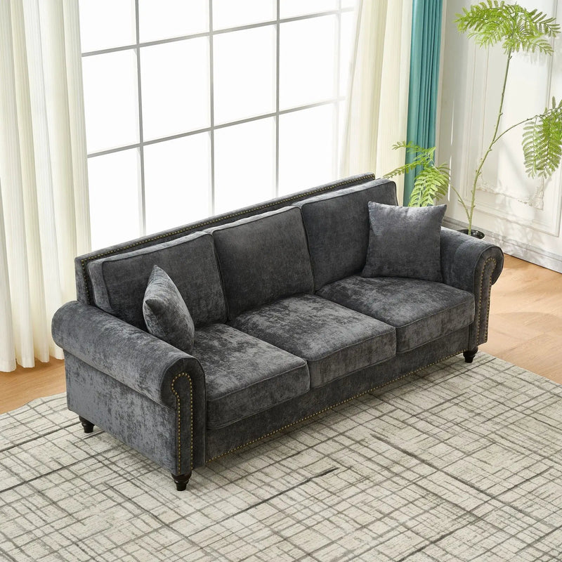 3 Seater Sofa With Tufted Upholstery, Rolled Arms, Nailhead Trim by HouseOfZazla