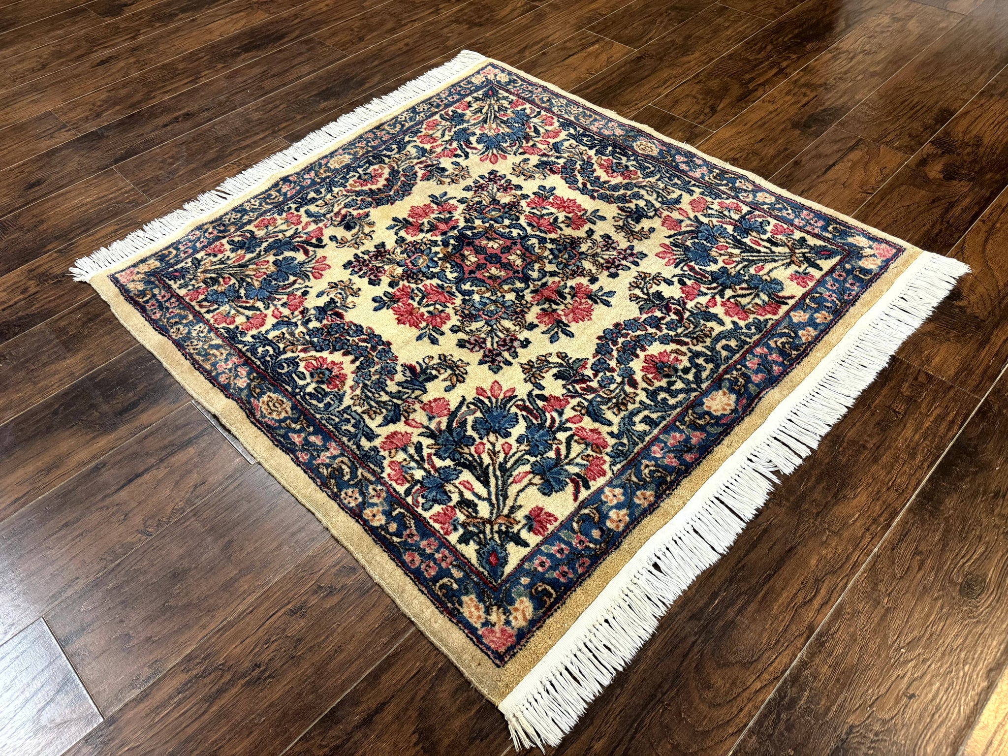 Square Persian Kerman Rug 4x4, Ivory Blue Pink, Handmade, Fine 225 KPSI by Jewel Rugs