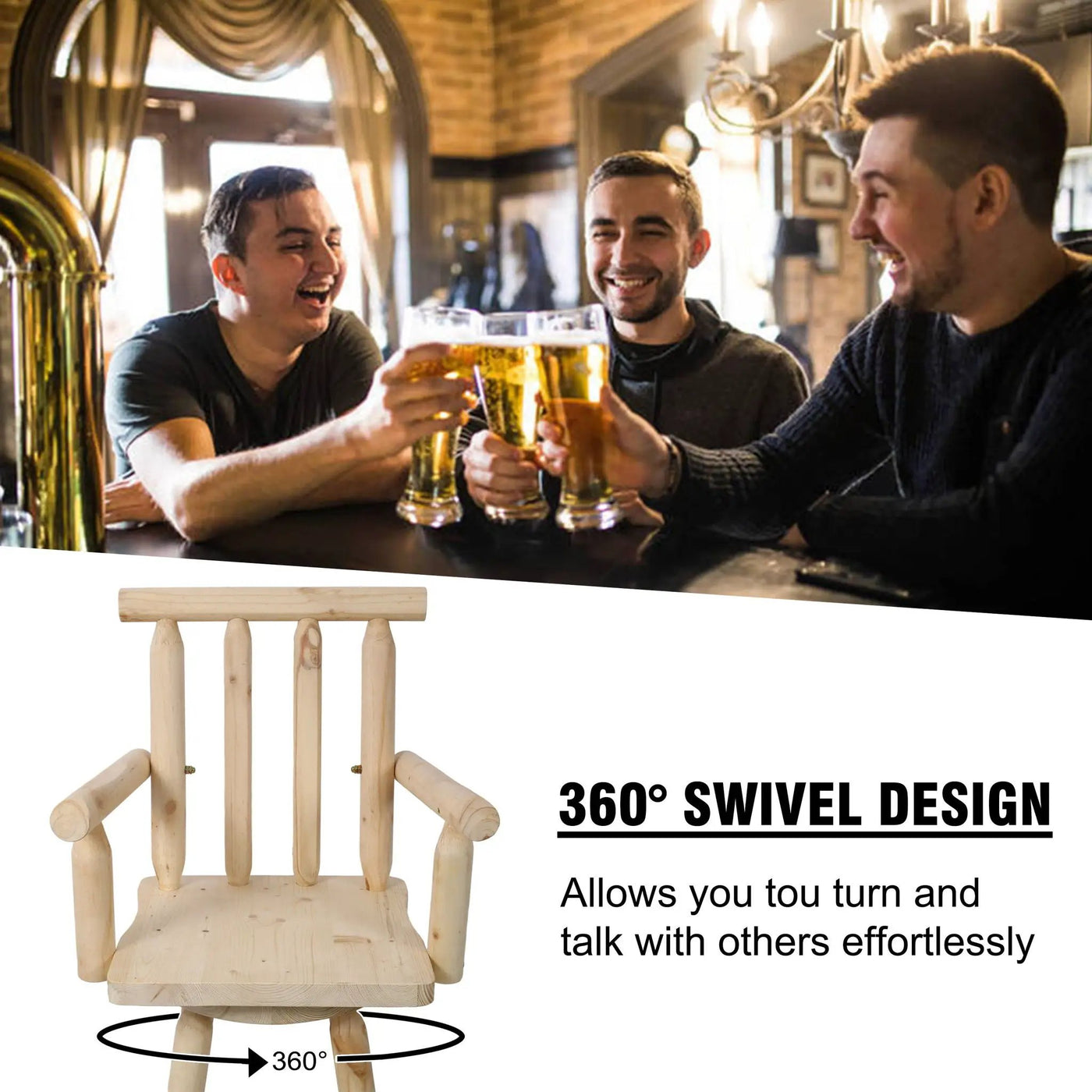 Rustic Bar Stool, Fir Wood Construction, Wide Armrest by Unique Piece Furniture