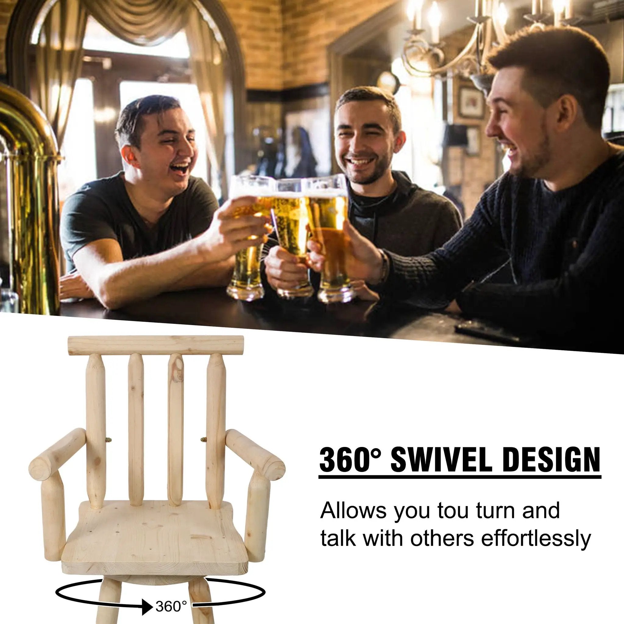 Rustic Bar Stool, Fir Wood Construction, Wide Armrest by Unique Piece Furniture