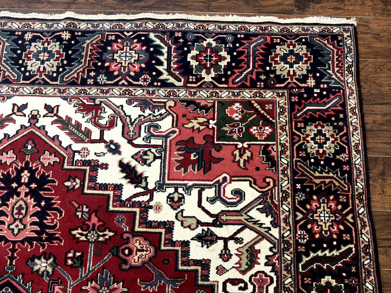 Indo Persian Heriz Rug 8x10, Geometric Medallion, Brick Red Ivory Navy Blue, Room Sized Heriz Carpet, Wool Rug by Jewel Rugs