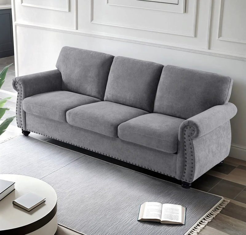 Soft Sofa, Upholstered 3 Seater Couch With High Density Foam, Loose Back Cushions And Turned Legs by HouseOfZazla