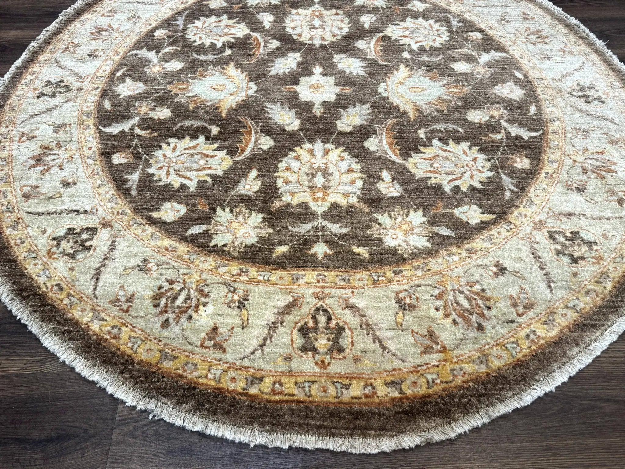 Round Pakistani Rug 6x6, Brown and Beige, Floral, Peshawar Rug, Traditional by Jewel Rugs