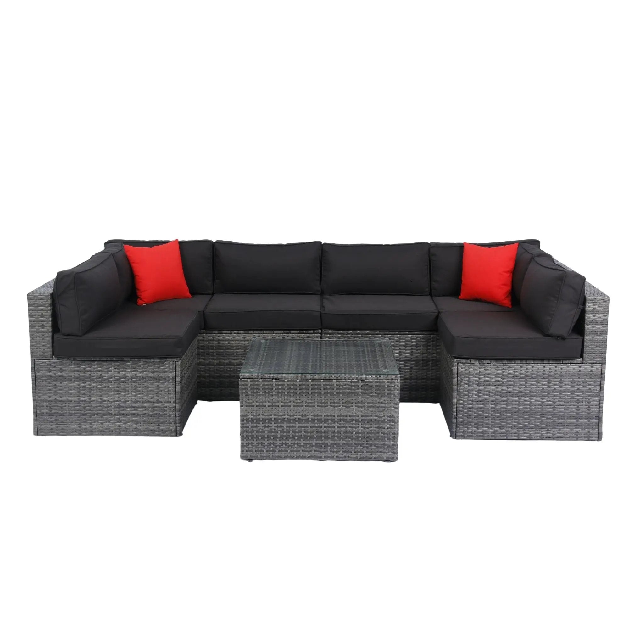 5 Pieces Rattan Sectional Outdoor Furniture Cushioned U Sof Set With 2 Pillow - Gray / Black by Unique Piece Furniture