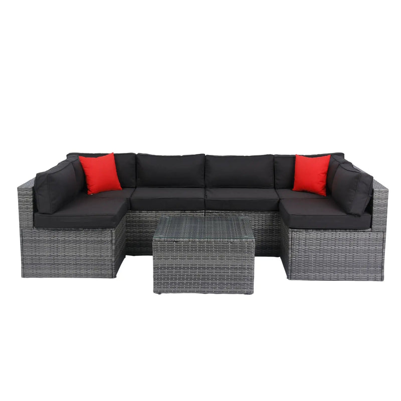 5 Pieces Rattan Sectional Outdoor Furniture Cushioned U Sof Set With 2 Pillow - Gray / Black by Unique Piece Furniture