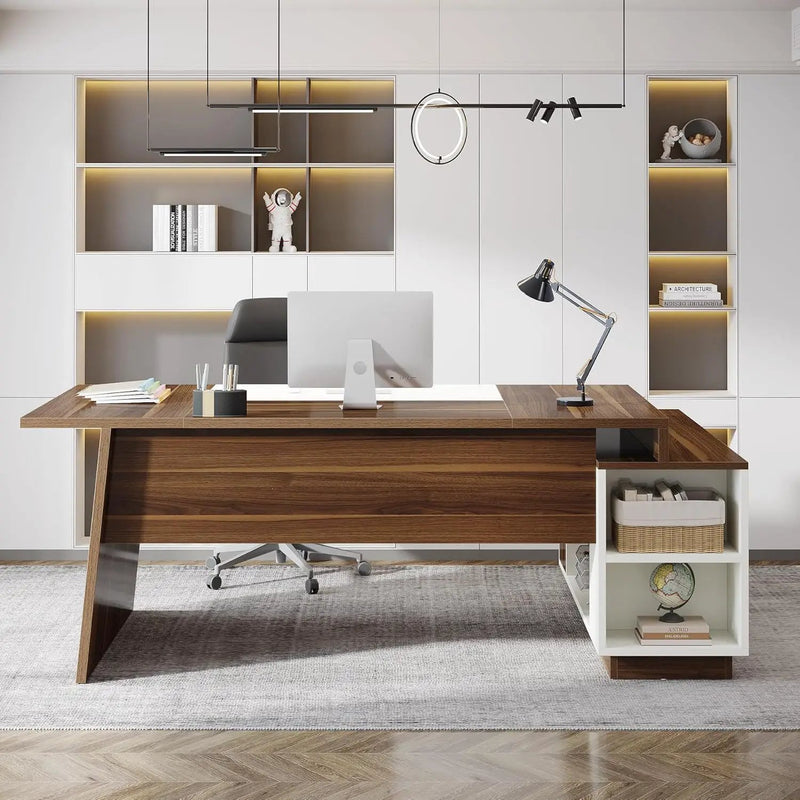 L-Shaped Executive Desk With Storage Cabinet And Shelves For Home Office - White / Walnut by HouseOfZazla