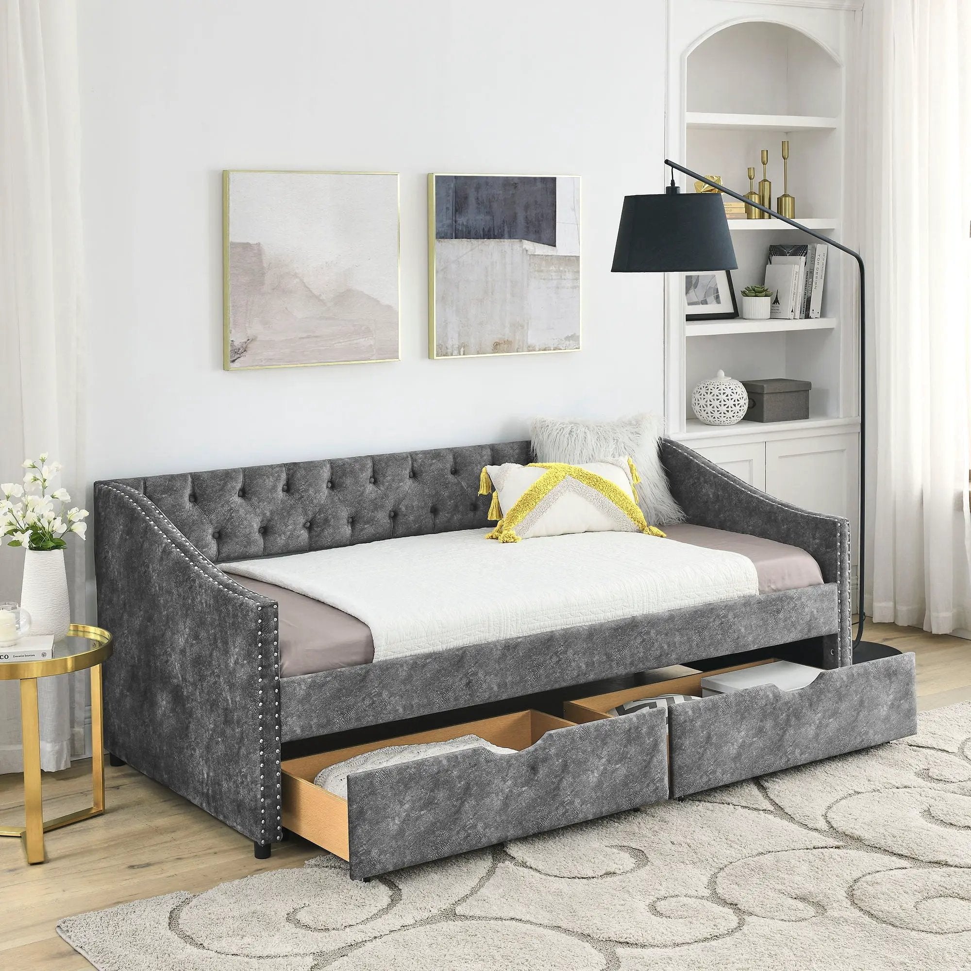 Upholstered Tufted Daybed With 2 Drawers, Waved Arms by Unique Piece Furniture