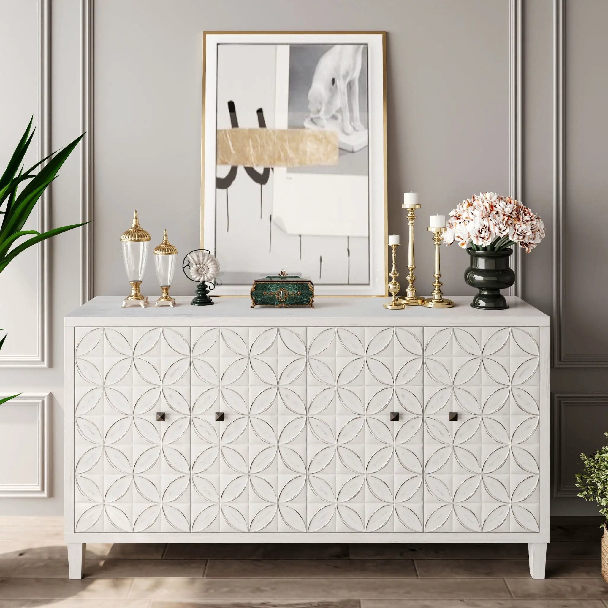 Accent Cabinet 4 Door Wooden Cabinet Sideboard Buffet Server Cabinet Storage Cabinet, For Living Room, Entryway, Hallway, Office, Kitchen And Dining Room - White Wash by Unique Piece Furniture