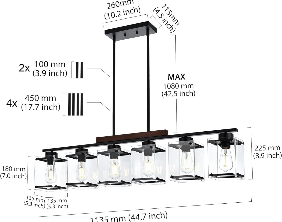 TULUCE 6 Light Farmhouse Chandelier Lighting Vintage Pendant Lighting Clear Glass Shade Flush Mount Lighting Fixture Black Pendant Lamp for Entryways, by Selzalot