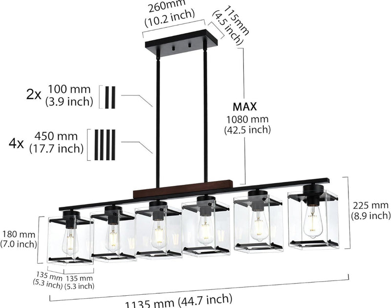 TULUCE 6 Light Farmhouse Chandelier Lighting Vintage Pendant Lighting Clear Glass Shade Flush Mount Lighting Fixture Black Pendant Lamp for Entryways, by Selzalot