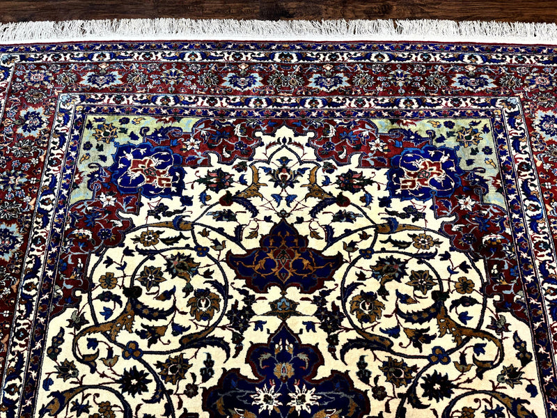 Wonderful Persian Isfahan Rug 7x9, Ivory Navy Blue Red, Floral Medallion, Very Finely Hand Knotted 260 KPSI, Handmade Wool Vintage Rug by Jewel Rugs