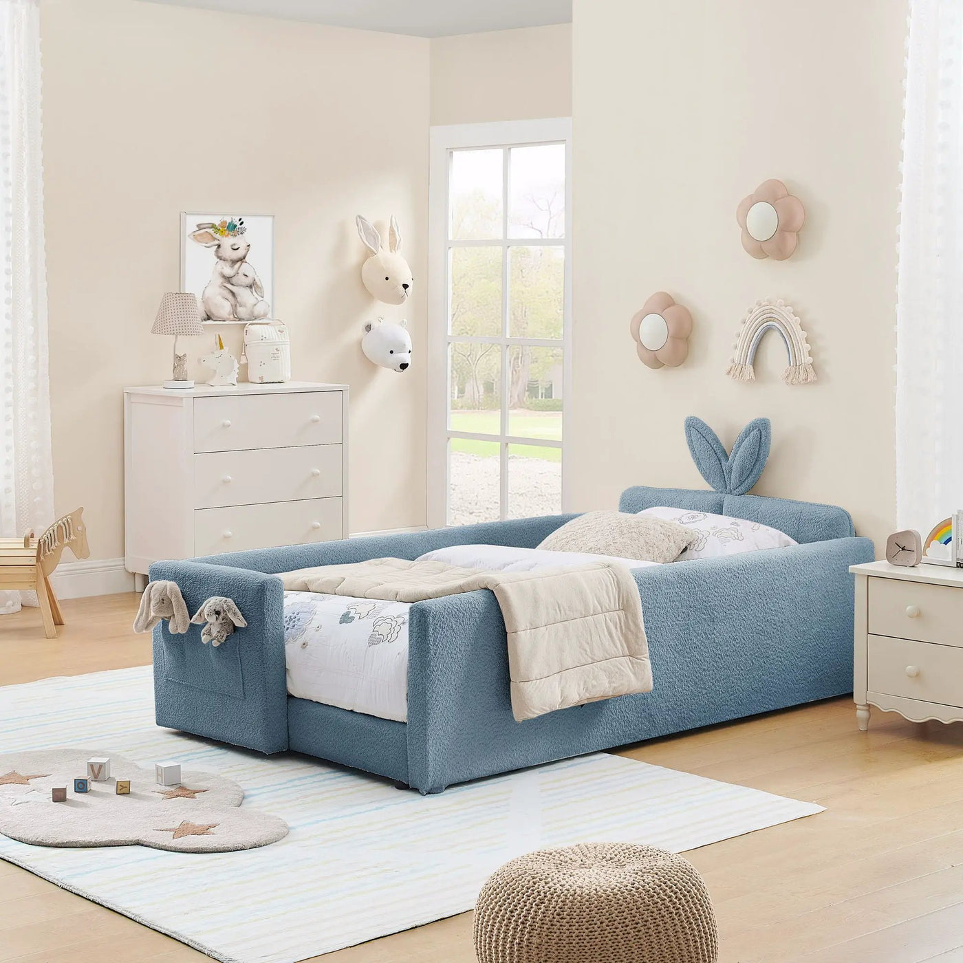 Cute Rabbit Ear Upholstered Platform Bed Frame With Safety Rail by Unique Piece Furniture