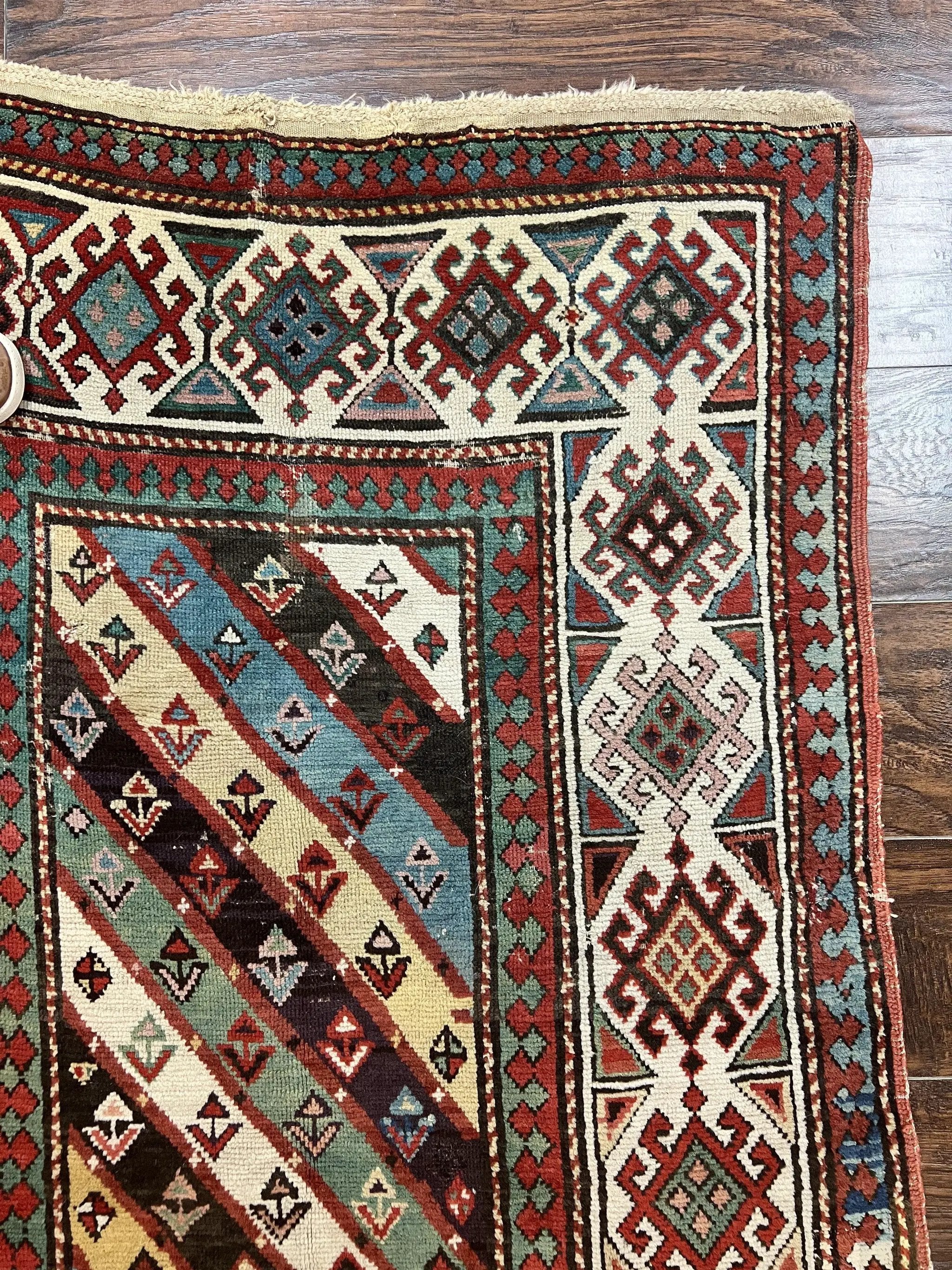 Caucasian Kazak Runner Rug 3.6 x 8, Wool Hand Knotted Antique 1880s Carpet, Ivory & Multicolor Stripes Oriental Runner Rug, Hallway Rug by Jewel Rugs