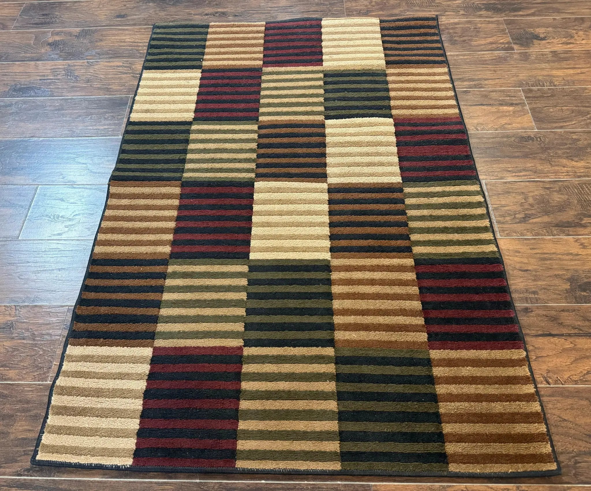 Vintage Power Loomed Rug 3.6 x 5, Brown Beige Black Tan, Box Design by Jewel Rugs