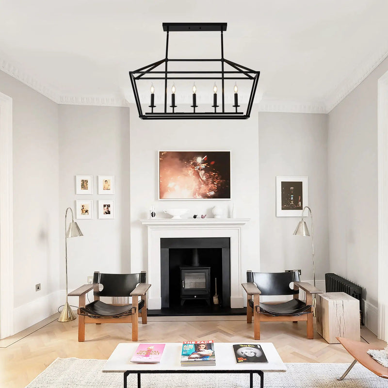 5 Light Farmhouse Kitchen Island Lighting, 5 Light Industrial Linear Chandelier For Dining Room Metal Hanging Pendant Light Fixture For Bedroom Living Room Hallway Conference Room - Matte Black by HouseOfZazla