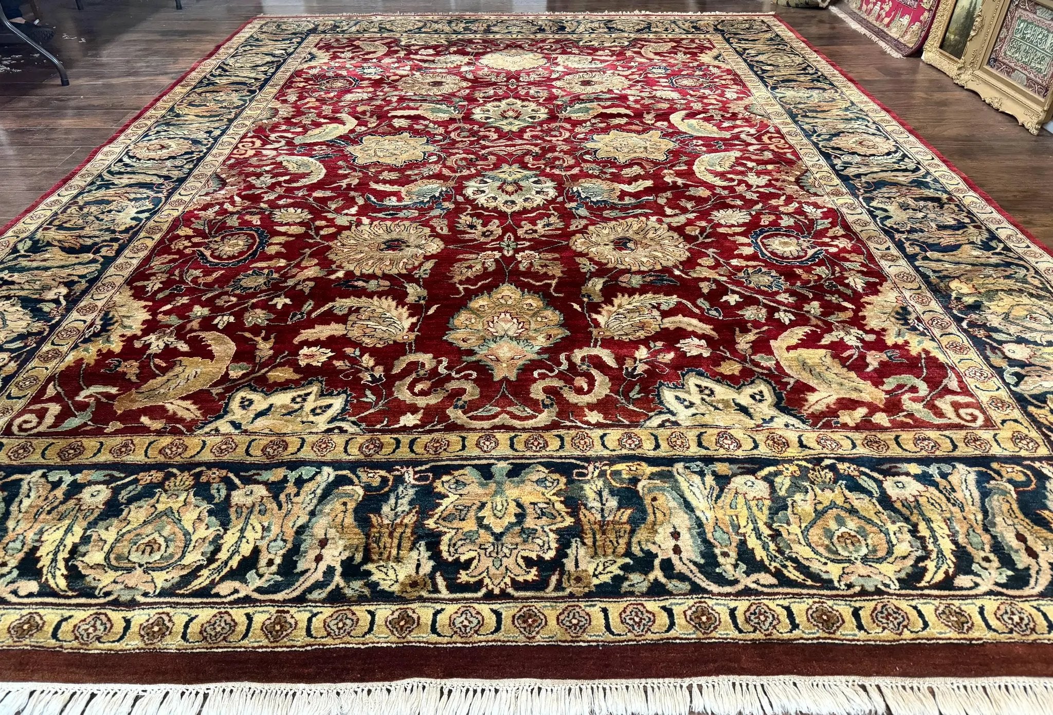 Indo Persian Rug 10x14, Indian Agra Carpet, Vintage Handmade Wool Large Traditional Rug, Dark Red Navy Blue Beige by Jewel Rugs